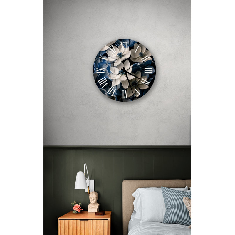 Horloge murale élégante en verre trempé à motif floral blanc et bleu, Blanc