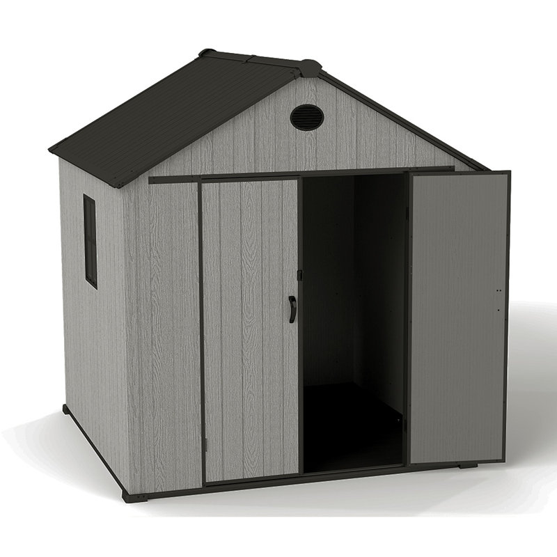 Gray wood-grain pointed-roof plastic tool shed
