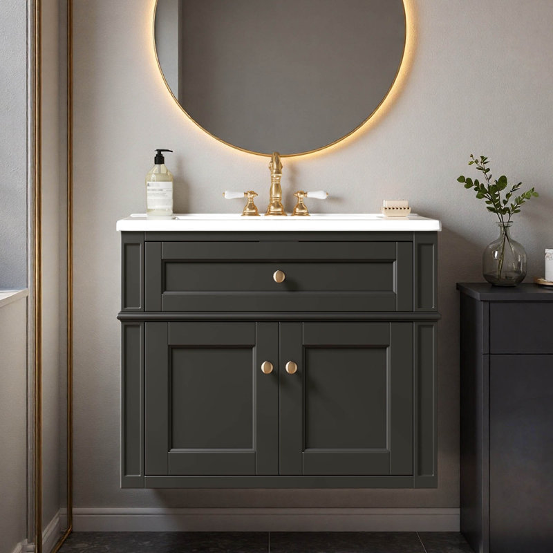 Meuble-lavabo suspendu simple de 61 cm (24 po) avec dessus en céramique, Noir