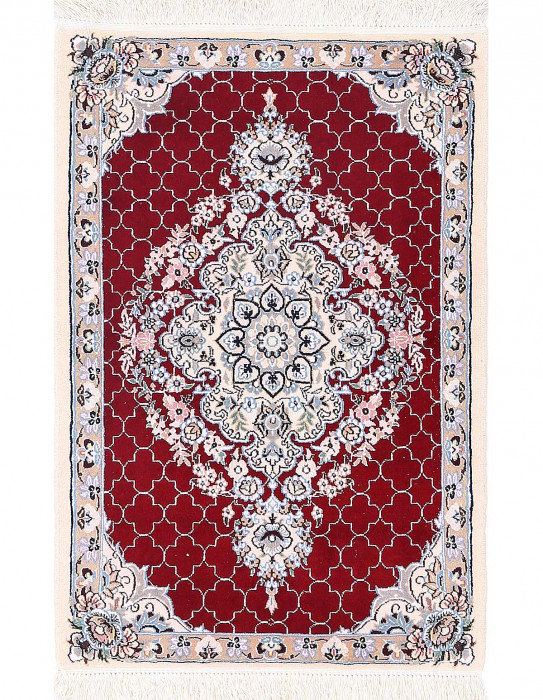Tapis unique en laine et soie 2 pi x 3 pi Eliathan - rouge, ivoire