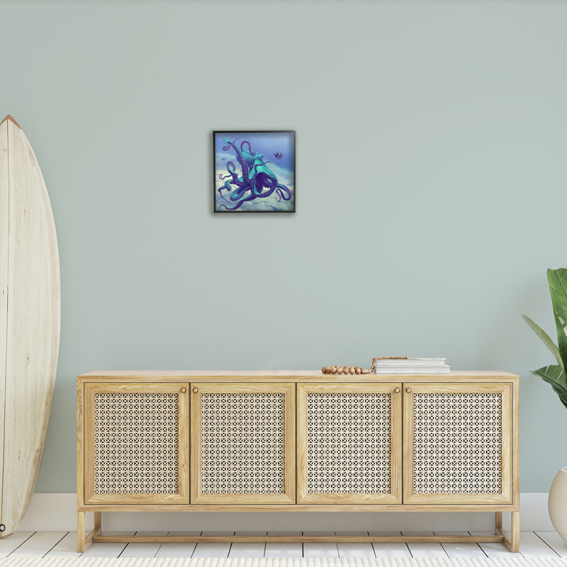 Pieuvre sous l'eau vive, estampe numérique par vadrouille, H 17 po x l 17 po, Giclée encadrée noir minuit