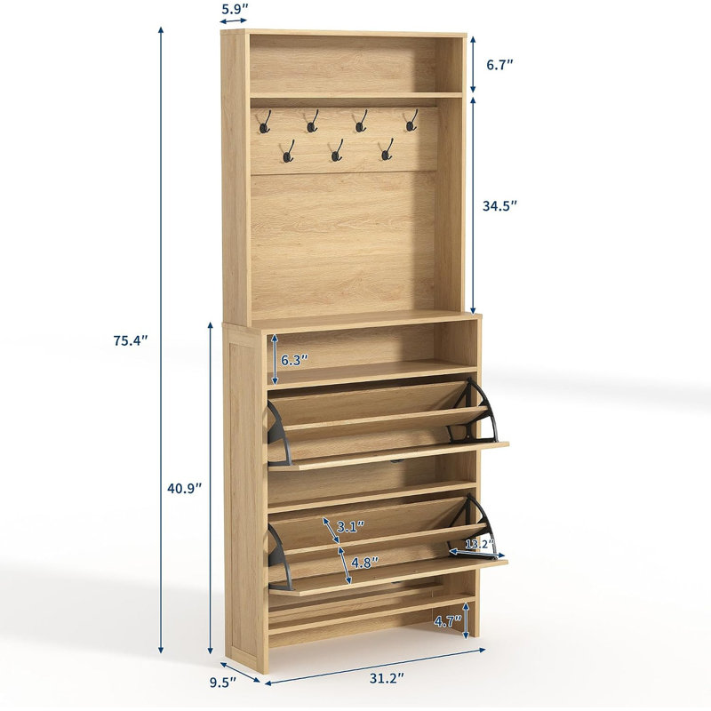 Armoire à chaussures 2 en 1 avec 2 tiroirs rabattables, tablette réglable, 7 crochets et ensemble anti-basculement, rangement pour chaussures de vestibule étroit