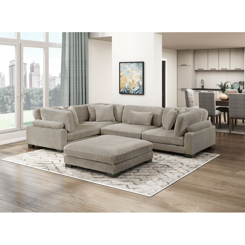 Canapé modulaire 5 pièces avec repose-pieds Koah, Taupe Corduroy