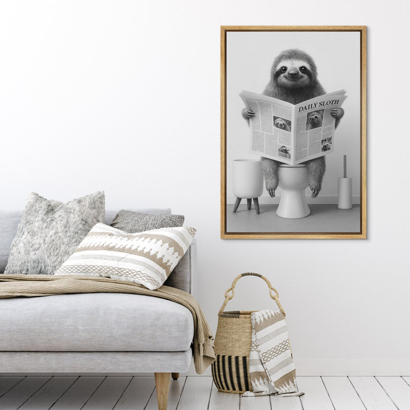 Framed Canvas Wall Art Print - Animal Reading Newspaper Funny Artwork Minimalist Modern Decor for Bathroom, Natural