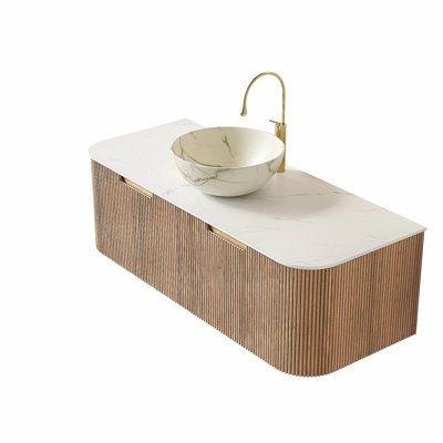 DINA 48" Bathroom Vanity&Sink, Floating Curved Edges Striped Storage Cabinet with 2 Drawers, Matte Stone White Bowl Ceramic Basin&Carrara White Sintered Stone Top, Pre-assembled, Natural Woodgrain