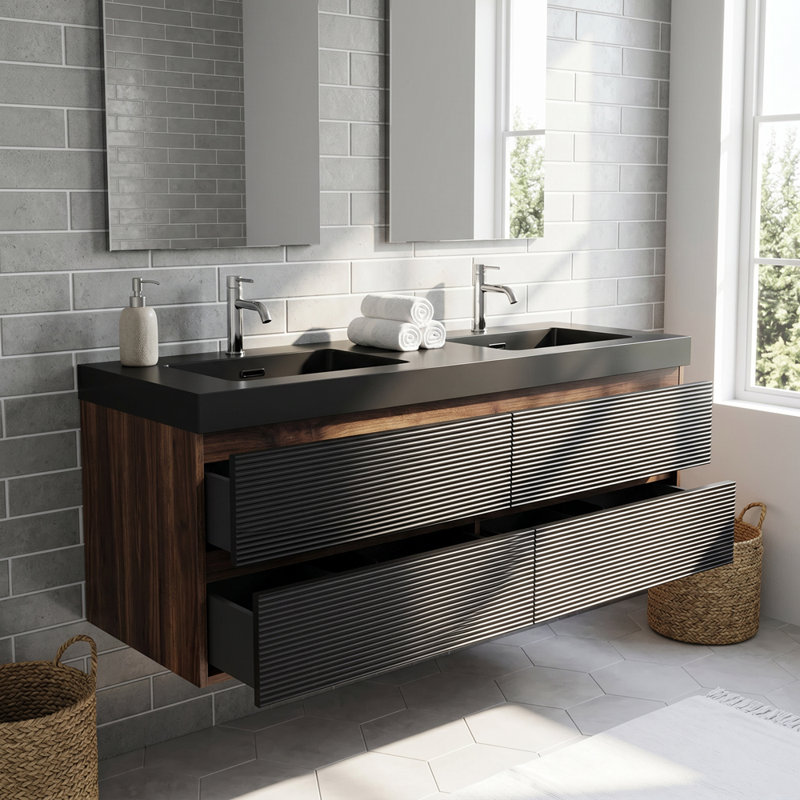 Meuble-lavabo de 60 po en noyer avec lavabo à surface solide d'ingénierie noir mat et tiroirs noirs doux, 60"