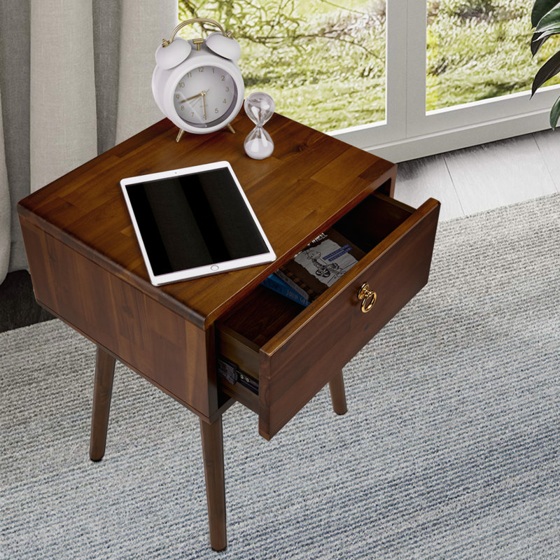 Solid Wood Bedside Table With 1 Drawer, Suitable For Bedroom And Living Room, Dark Choco