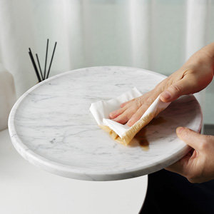 Guein 12” Round Natural Marble Tray, Bianco Carrara