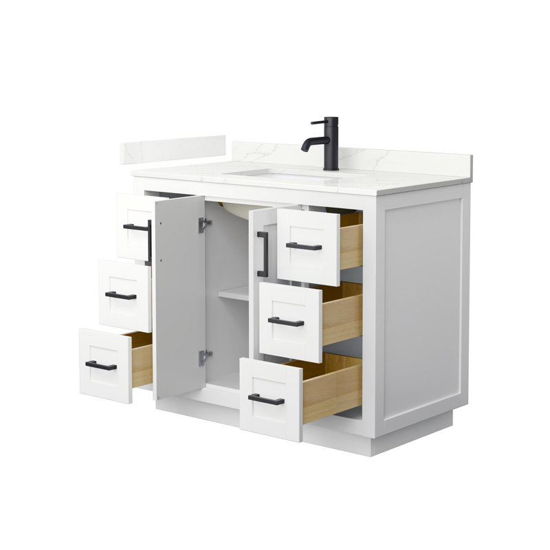Miranda 42" Freestanding Single Bathroom Vanity with Quartz Top, Giotto Quartz, White, Matte Black