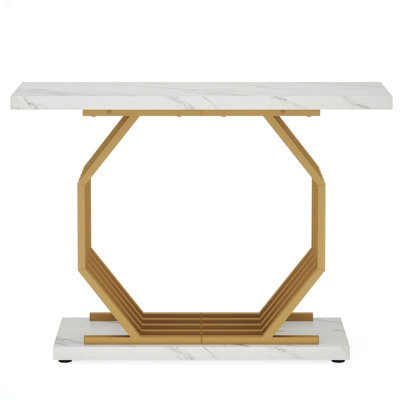 40” Gold Console Table, Faux Marble Entryway Narrow Sofa Table With Geometric Metal Base, Modern Accent Entrance Table For Living Room, Hallway, Foyer