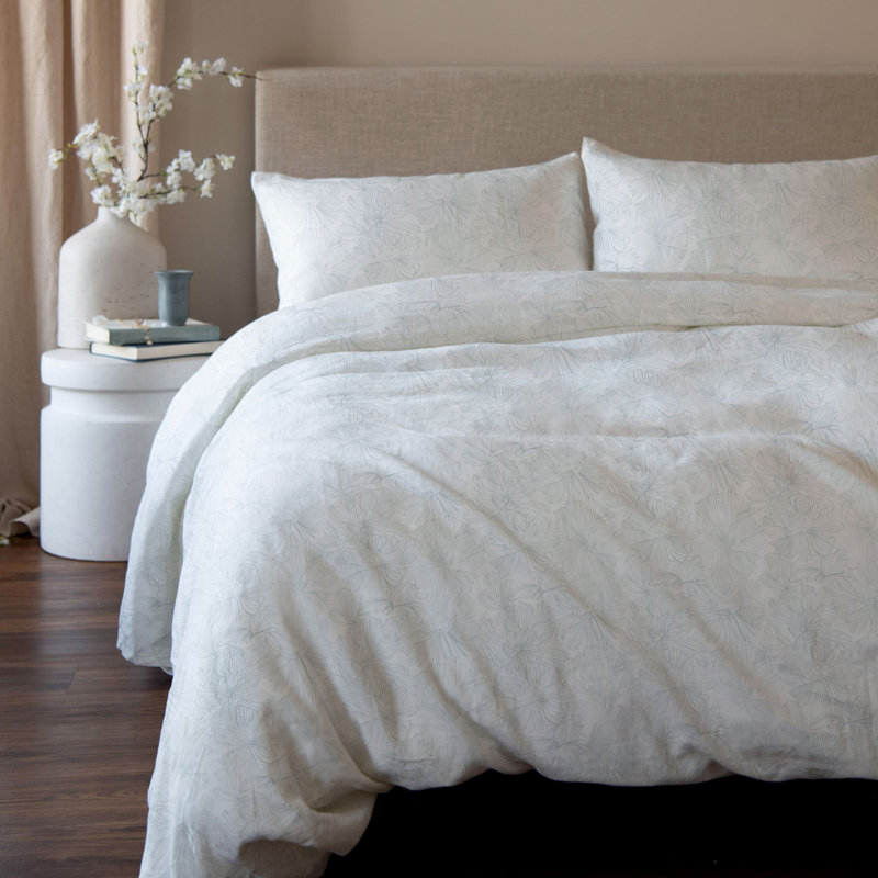 100% French Linen Duvet Cover & Sham Set, Twin Duvet Cover + 1 Standard Pillow Sham, Cream/Wave Floral