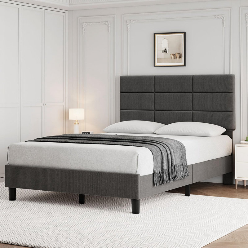 Bed Frame With Headboard, Sturdy Metal Frame With Solid Wooden Slats Support, Twin