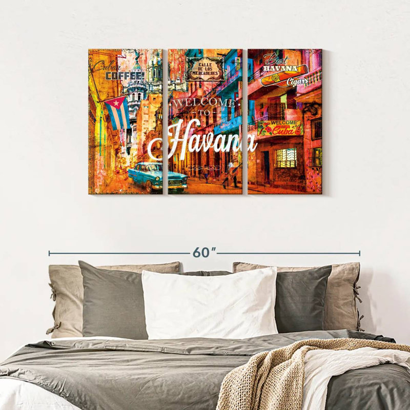Welcome to Havana Ensemble de 3 pièces grunge sur toile, H 28 po x l 45 po x P 1,25 po