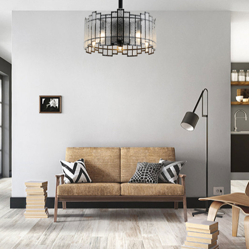 Ventilateur de plafond noir mat moderne de 20 po avec abat-jour en verre à cadre métallique, 5 lumières et 3 vitesses avec télécommande