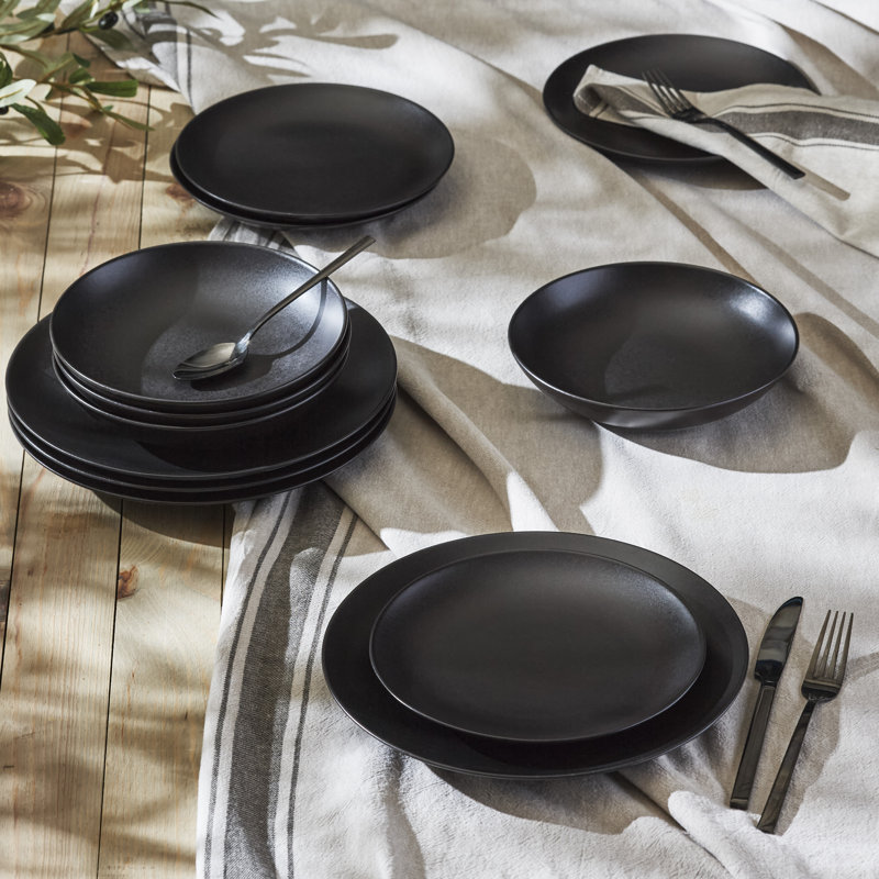 Black Matte 12-Piece Ceramic Dinnerware Set, Service for 4