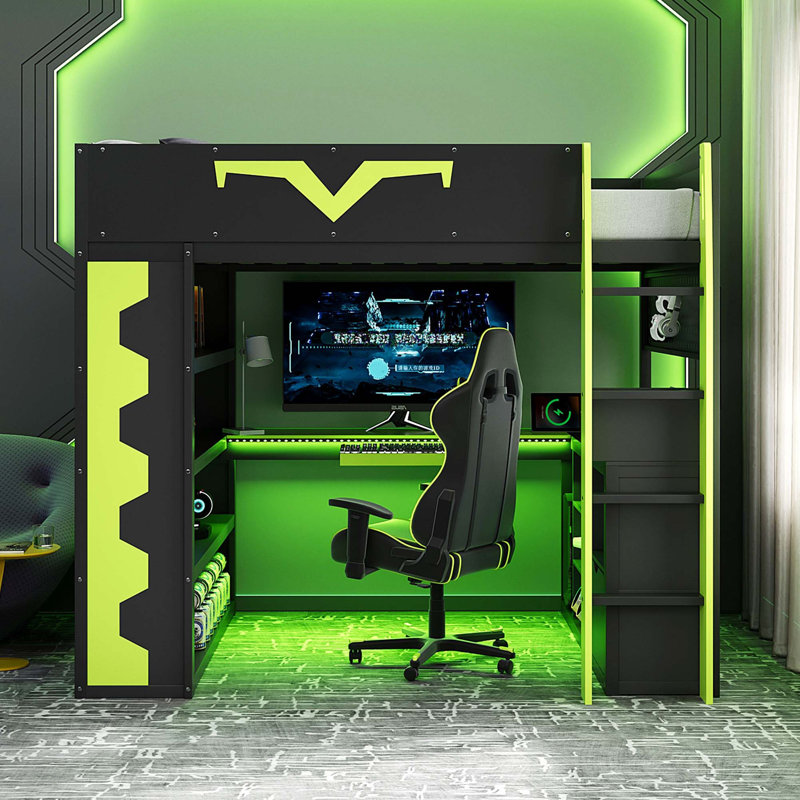 Lit mezzanine tout-en-un avec bureau intégré et éclairage RVB, Green;Black