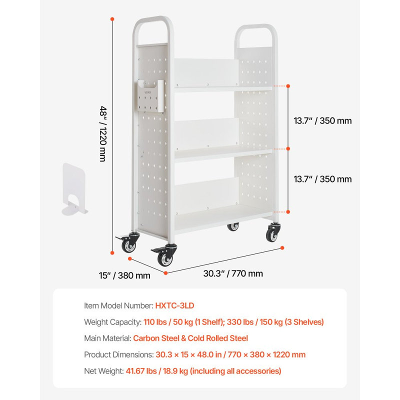 121.9cm H x 77cm W Book Cart with Wheels