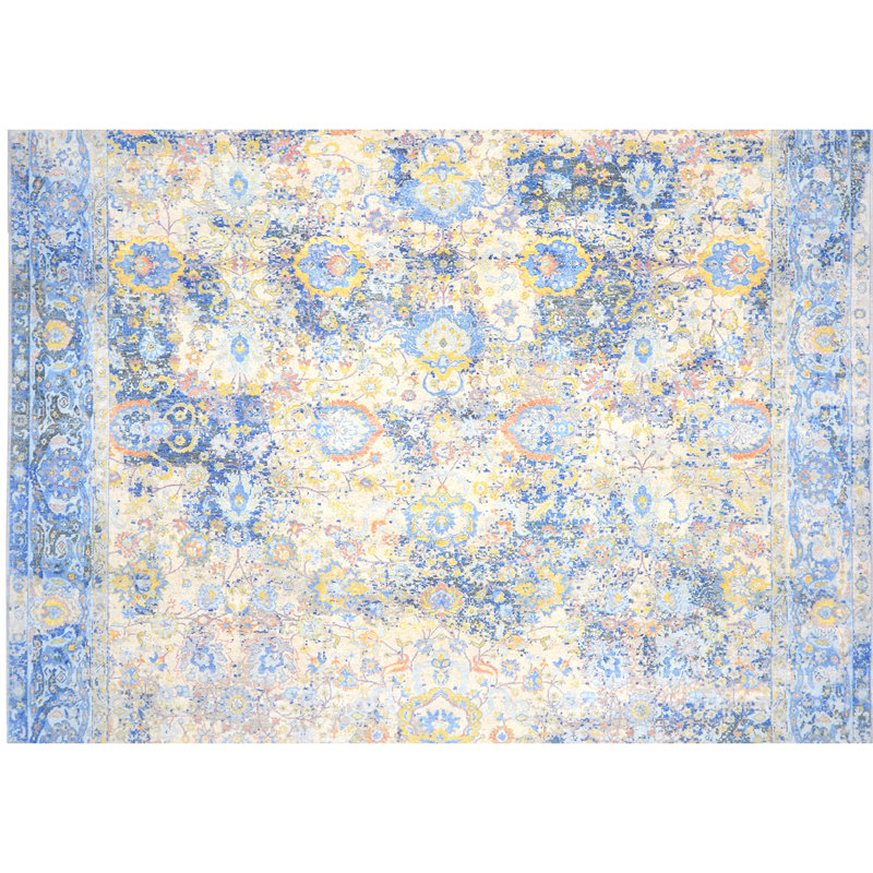 Hand Knotted Abstract Area Rug in Blue/Gold/Gray, Rectangle 5' x 8'