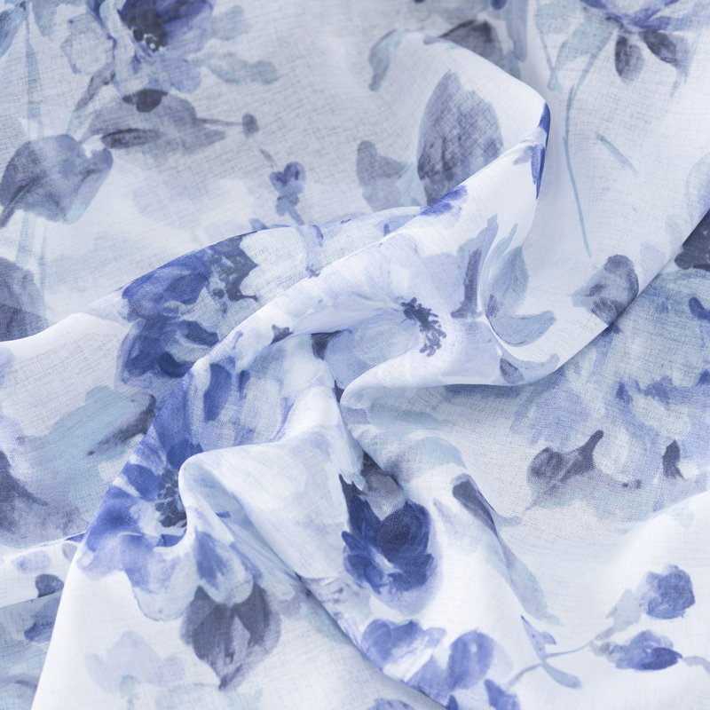 Whimsical Blue Floral Sheer Rod Pocket Polyester Window Panel