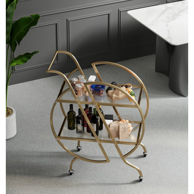 2-Tier Gold Rolling Bar Cart with Mirrored Shelves & Lockable Wheels