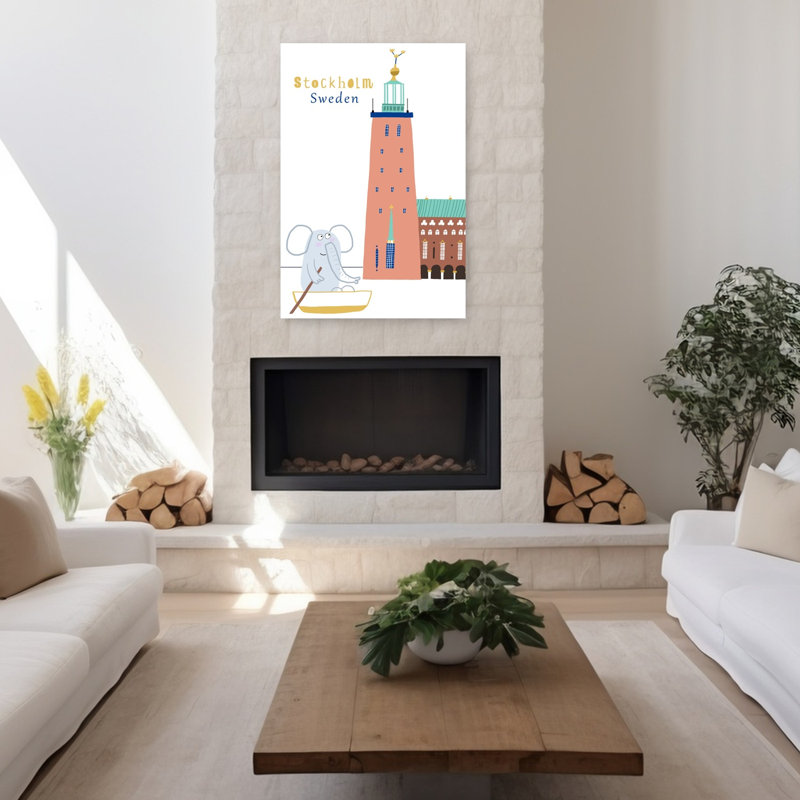 Hôtel de ville de Stockholm, art mural moderne représentant un éléphant et une architecture urbaine, H 48 po x l 32 po