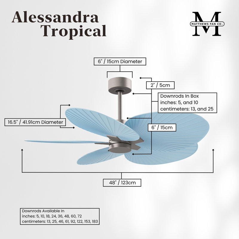 Alessandra - Ventilateur de plafond à cinq pales, Bleu clair, Nickel brossé