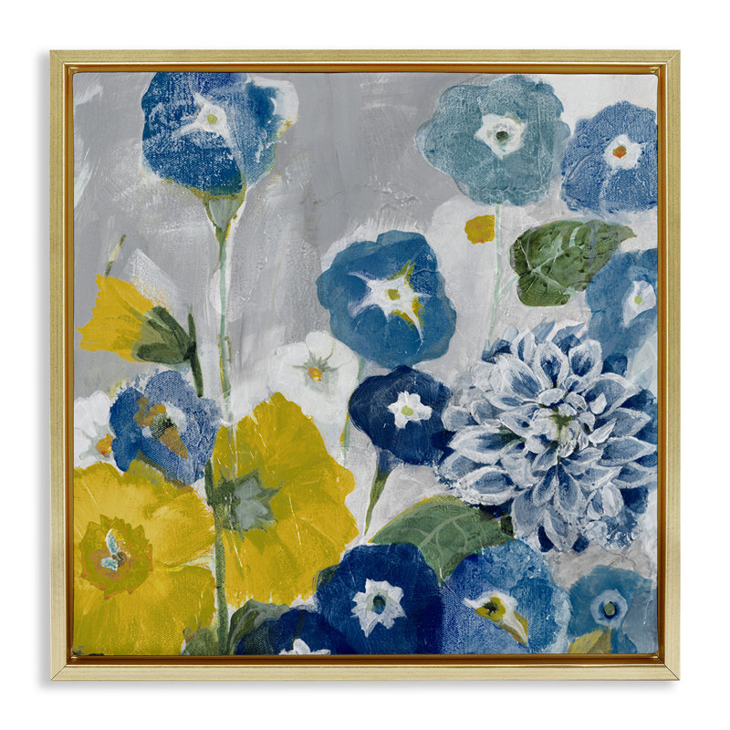 Coquelicots abstraits bleus et jaunes, Cadre flottant métallique doré, H 25 po x l 25 po