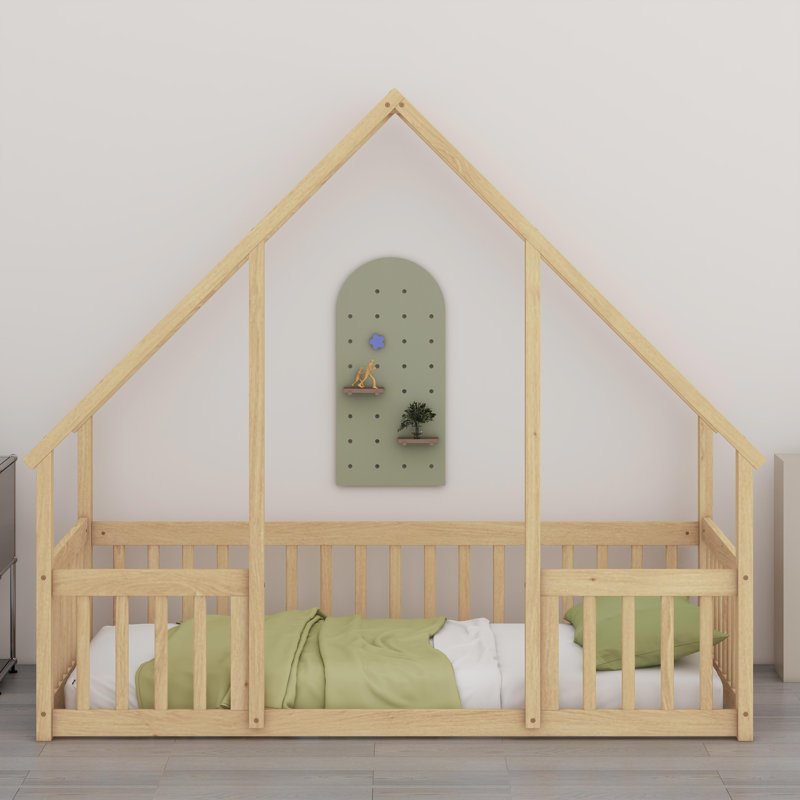 Natural Wood House-Shaped Toddler Bed With Protective Side Rails, Natural