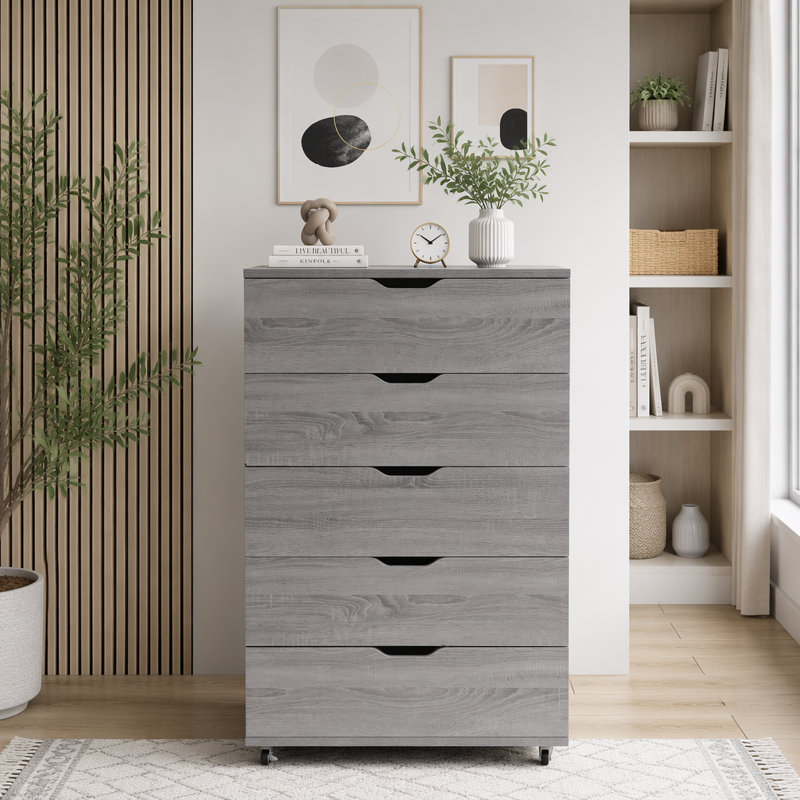 Commode mobile à 5 tiroirs avec roulettes, Gris