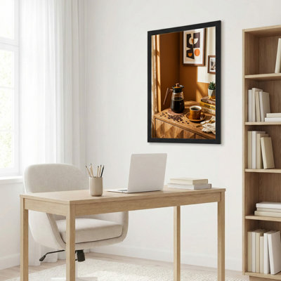 Toile noire encadrée en bois noir pour salon, chambre à coucher, bureau ou vestibule - décoration murale décorative avec coin café