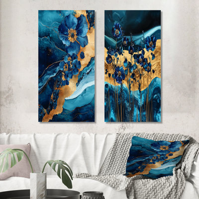 Buttercups Flowers and Safire Crystal Energy I - ensemble de 2 décorations murales en métal bouton d'or bleu - imprimé sur métal