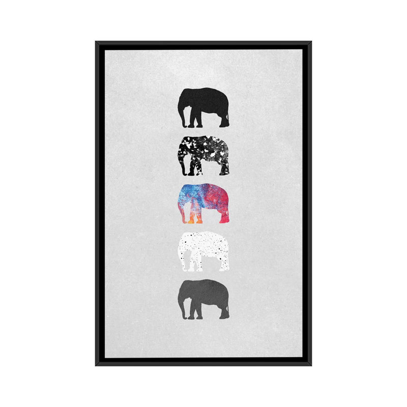 «Five Elephants», impression sur toile, Toile avec cadre noir, Pas de tapis, H 26 po x l 18 po x P 1,5 po