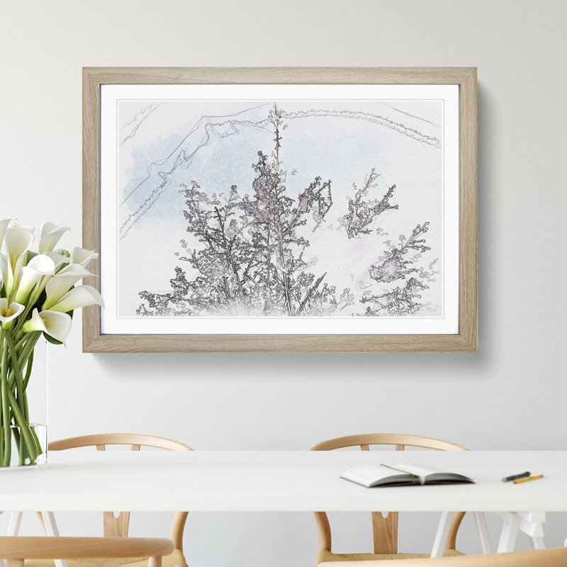 Pink Japanese Cherry Tree in Spring Sketch - Picture Frame Graphic Art Print, 45cm H x 63cm W x 2cm D, Oak Framed