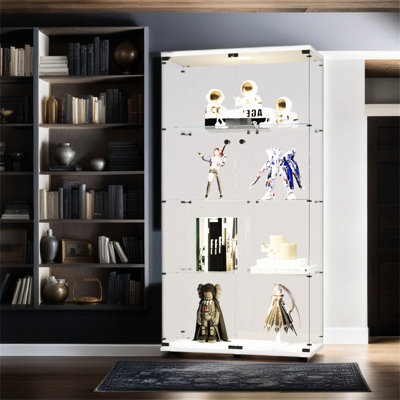 Vitrine éclairée en verre à 4 tablettes - blanc, 12 options de couleurs, 64,73 H x 30,93 L 14,38 l, verre trempé de 5 mm, tablette inférieure en bois massif, grand présentoir facile à installer, choix, housse