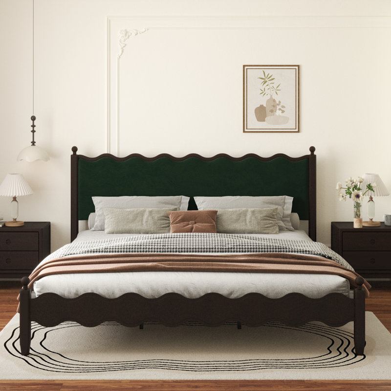 Ines Wood Bed Frame with Upholstered Headboard - Velvet Upholstery, King, Green