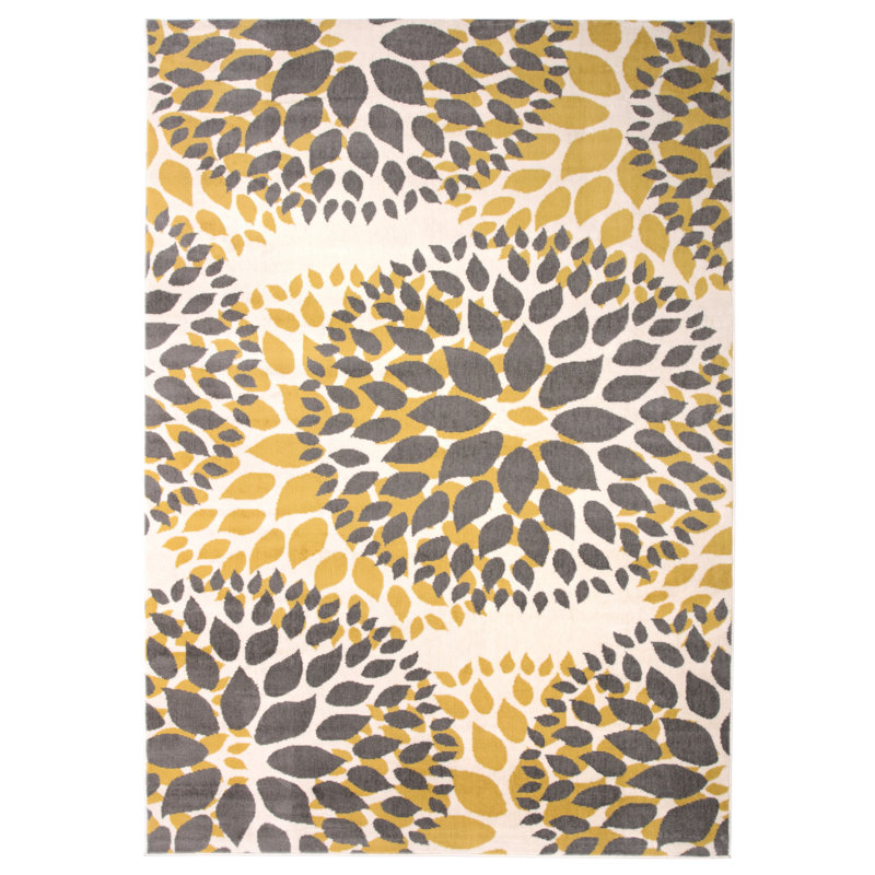 Tapis à motif floral jaune / gris foncé / ivoire, Rectangle 3 pi 1 po x 5 pi