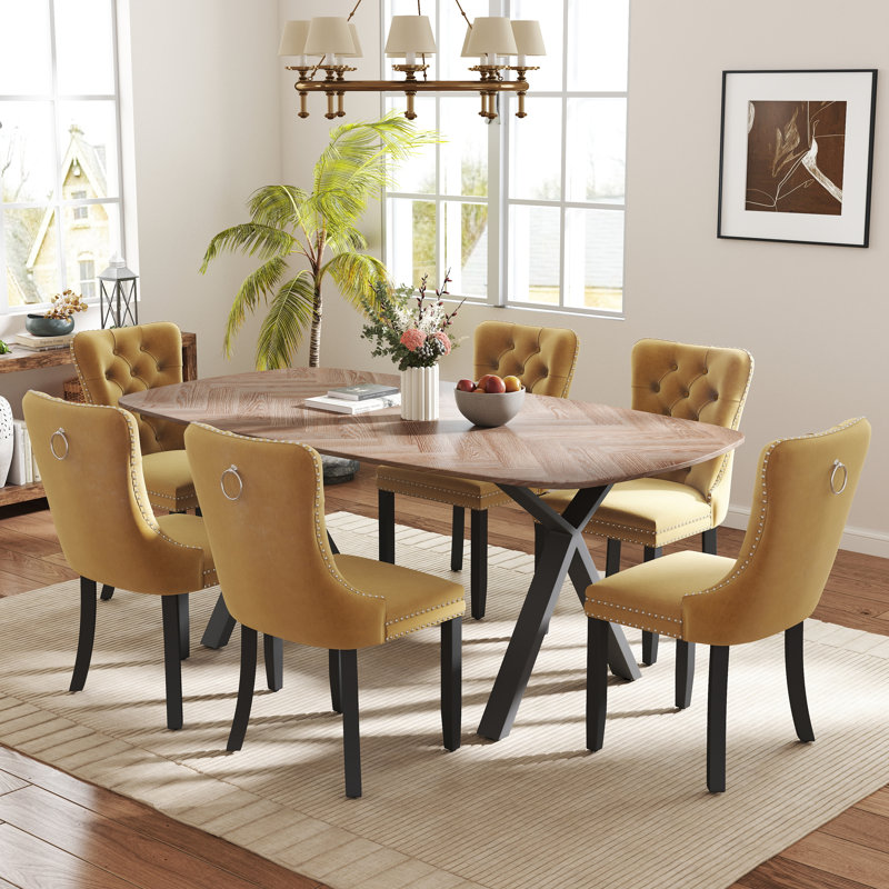 Rectangle Dining Set with Tufted Dining Chair, Yellow, 29.5"H x 71"L x 35.4"W