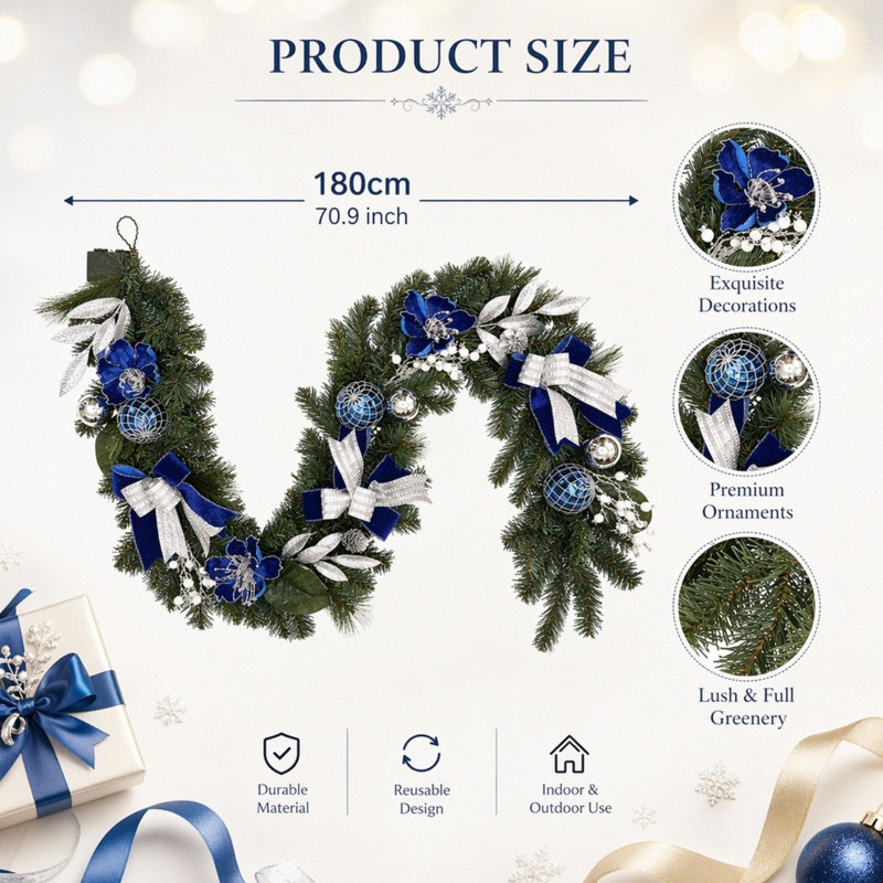 Guirlande de Noël de 180 cm / 70,9 po avec ornements et boucles pré-éclairés