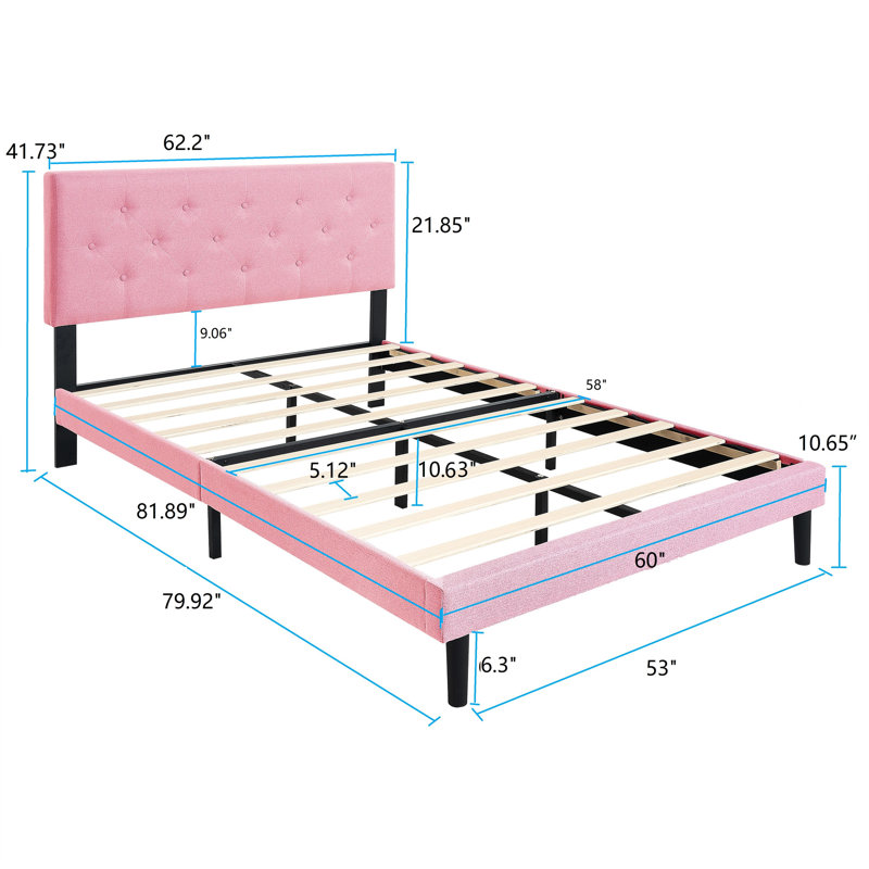 Queen Size Bed In Pink Linen - No Box Spring Needed, Easy Setup, 21.65 In. Package Width, Wood Slat Support, Modern Design Upholstered Platform Frame With Button Headboard To Assemble, Backbone, 600
