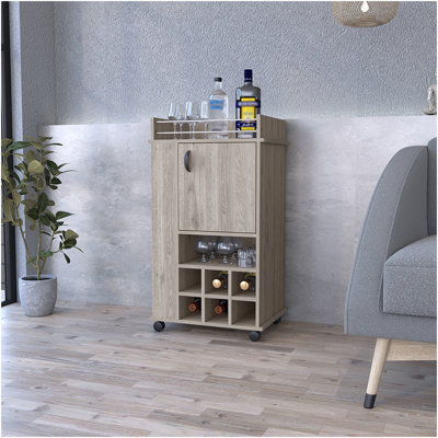 Bar Cart With Cabinet, 6 Built-In Wine Rack And With Casters