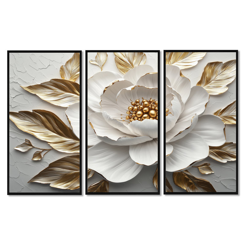 Ensemble de salon art mural pivoines blanches et dorées Bloom III, Toile avec cadre flottant noir, H 32 po x l 48 po x P 1 po