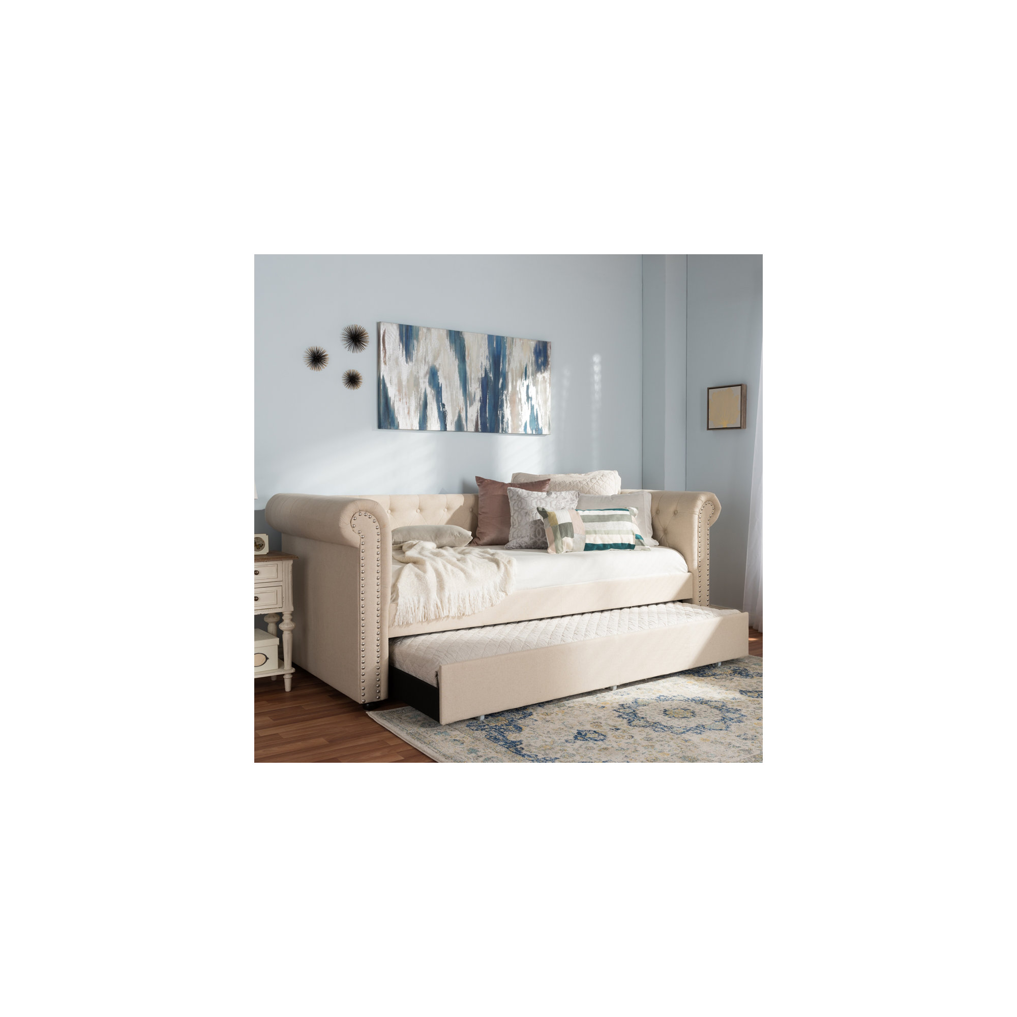 Mynard Upholstered Daybed with Trundle - Twin, Beige