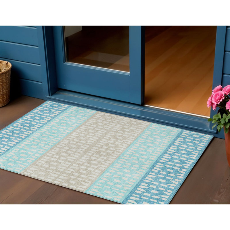 Tapis intérieur / extérieur 3 pi x 5 pi bleu turquoise et ivoire à motif géométrique lavable