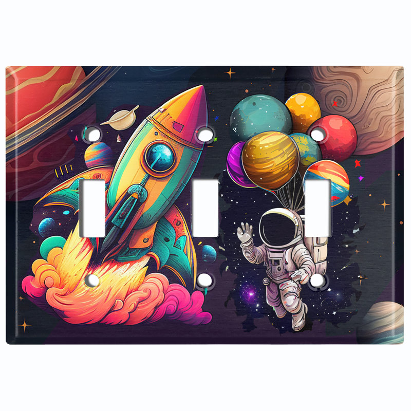 Colorful Animated Astronaut Space Ship Copper Rust Patina Teal Print 3 - Gang Toggle Light Switch Standard Wall Plate