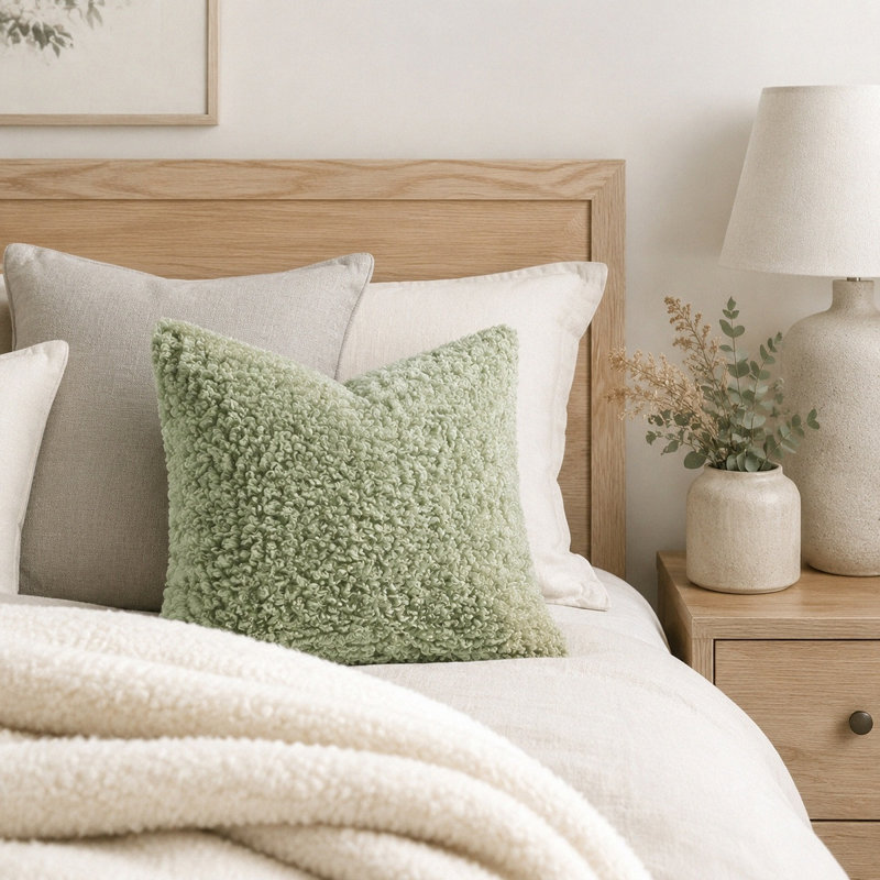 Teddy Soft Plush Textured Boucle Cozy Fluffy Classic Chic Modern Rustic Decorative Pillow, Green