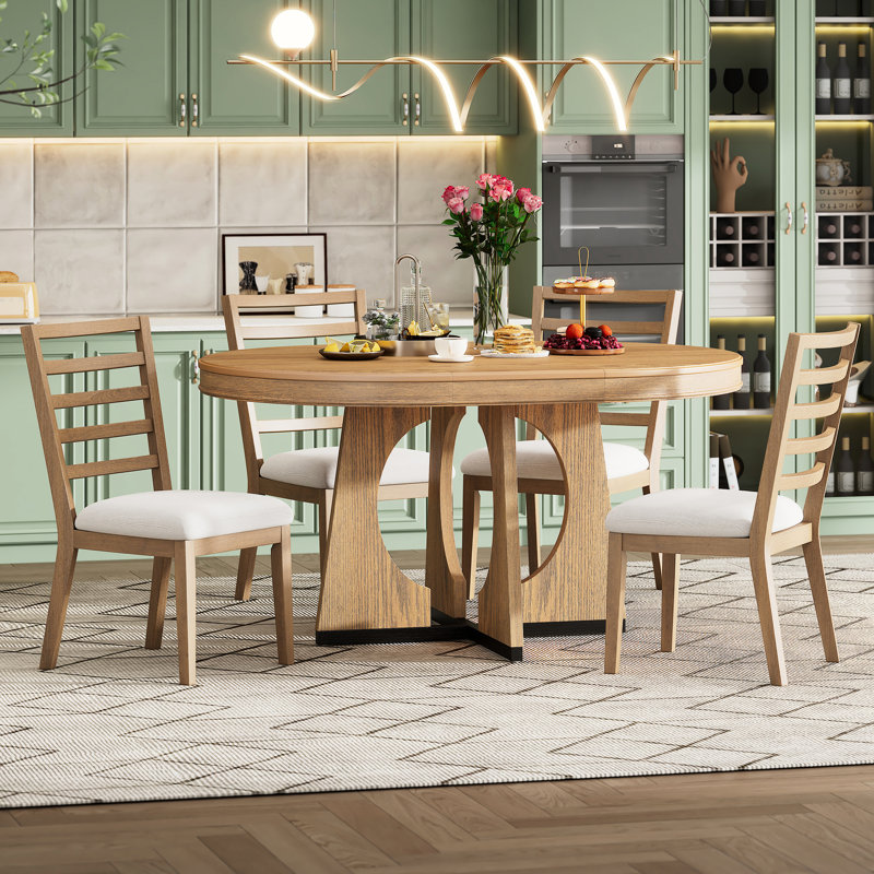 Table de salle à manger 5 pièces Retro Retro, extensible avec rallonge de 16 po et housses de chaise rembourrées Elegance 4, base à motif géométrique