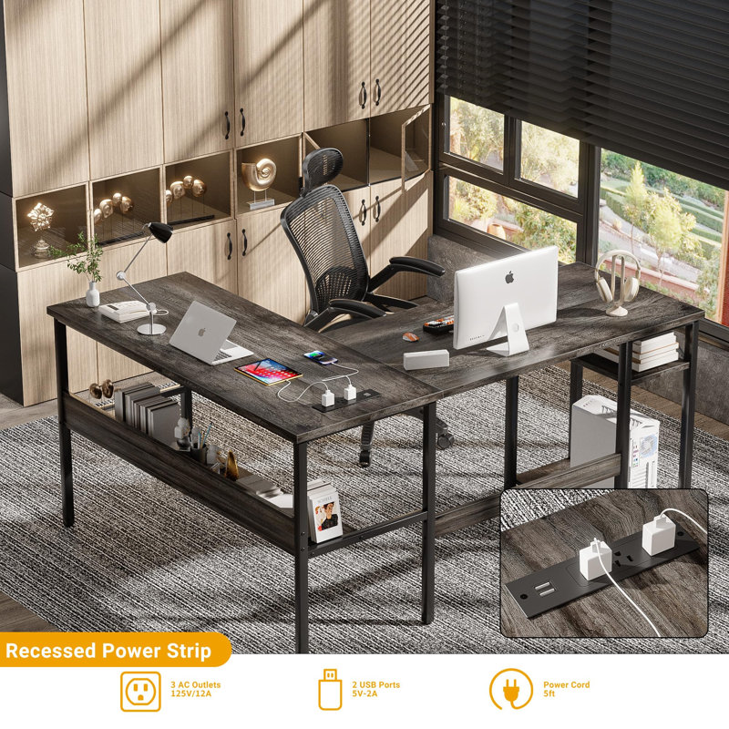 Afjol 47'' Reversible L Shaped Desk with Storage, Power Outlet and USB Ports