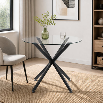 35.5‑Inch Black Round Tempered Glass Small Dining Table, Sturdy Metal Legs, Space‑Saving Design, Seats 1‑4 for Kitchen, Dining Room and Living Room