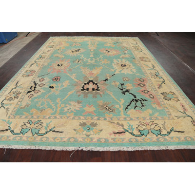 Tapis décoratif bleu/beige en laine de conception unique 8 pi 9 po x 11 pi 5 po noué à la main New Age