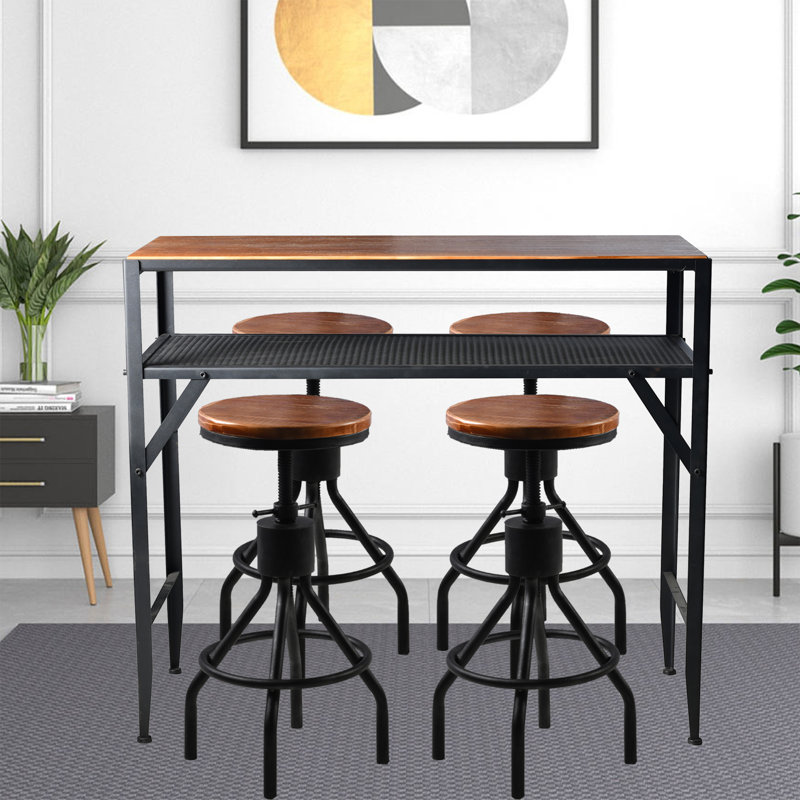 Ensembles de table et de chaises, plateau en bois robuste avec pieds en métal soudé, table de salle à manger rectangulaire avec tablette H 41,34 po H, tabourets de bar réglables H 23,22-29,13 po